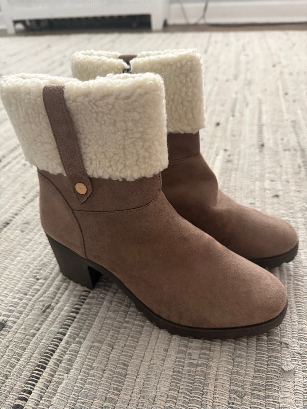 Olivia Miller Taupe Heeled Ankle Boots with Cream Sherpa Cuff